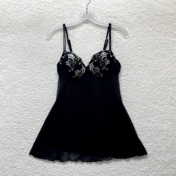 Black Chemise Slip Lingerie Womens M Medium Black Sheer Mesh Padded Embroidered - Picture 1 of 10